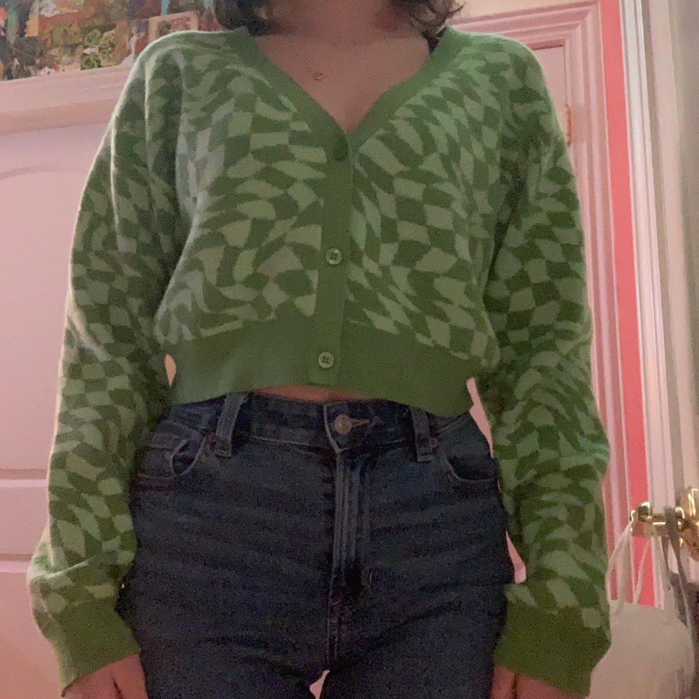 LA hearts green checkered sweater